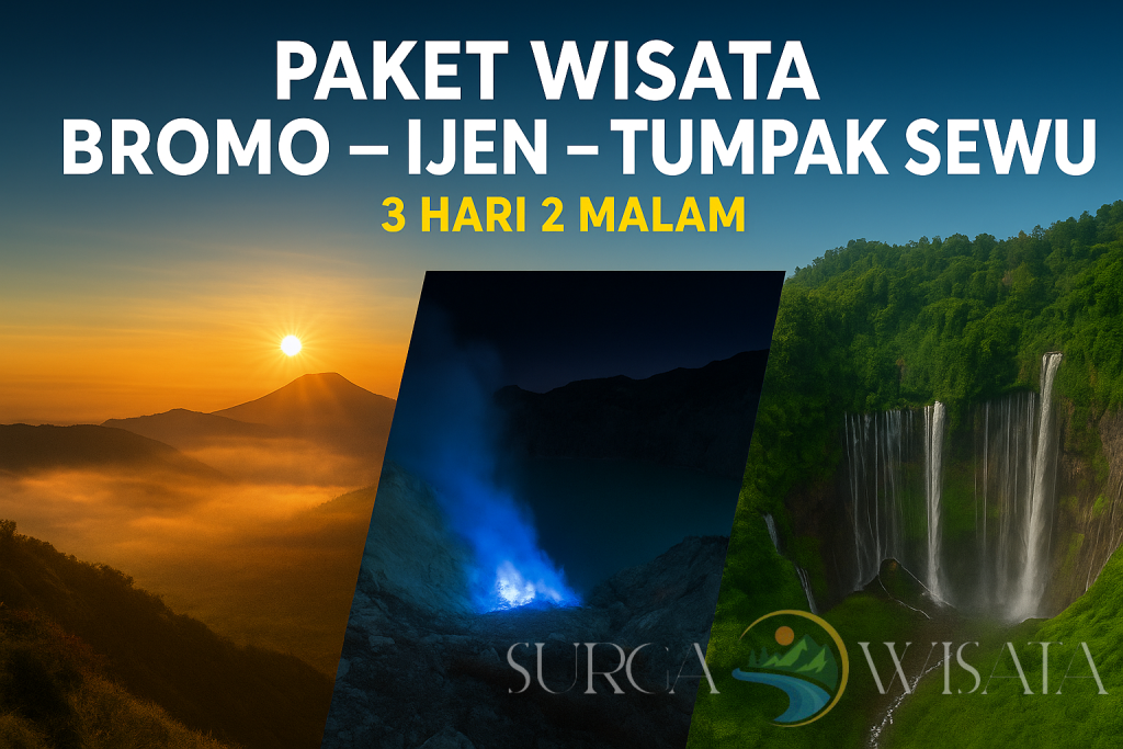 Paket wisata Bromo Ijen Tumpak Sewu 3 hari 2 malam lengkap dengan transportasi, penginapan, tiket wisata, dan dokumentasi bersama Surga Wisata.