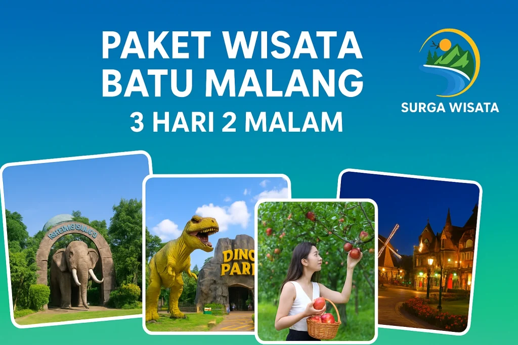 Banner promosi Surga Wisata untuk paket wisata Batu Malang 3 hari 2 malam, menampilkan Museum Satwa, Dino Park, petik apel, dan Santerra De Laponte dengan nuansa biru hijau segar.